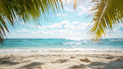 Aufkleber - Tranquil Beach Scene with Palm Leaves and Sparkling Blue Ocean in the Background : Generative AI
