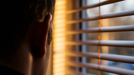 Fototapete - Person gazing out window with blinds creating warm light pattern on face and back profile in evening light : Generative AI