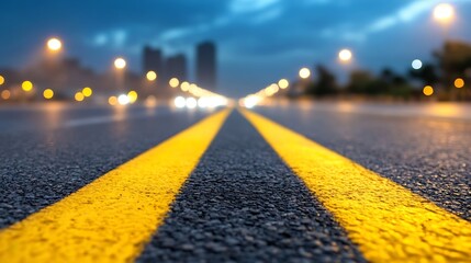 Poster - City street with illuminated yellow lines showcasing evening lights and urban atmosphere : Generative AI