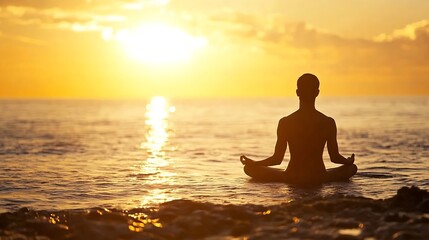 Poster - Serene sunset meditation on calm ocean waters for wellness and relaxation : Generative AI