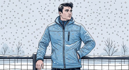 Wall Mural - A young adult man wearing a zip up jacket leaning on a fence watching the snowfall in a simple hand drawing flat line design