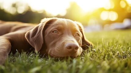 Poster - Cute brown dog lying on green grass during golden hour with warm sunlight : Generative AI