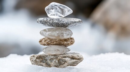 Aufkleber - Stack of Smooth Stones with Ice on Top Balanced on Natural Surface : Generative AI