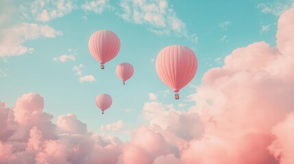  Balloons ascending into a sky filled with cotton candy clouds, dreamy copy space.
