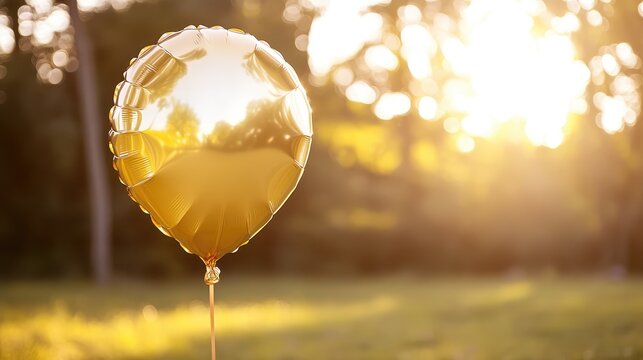 Close-up of a metallic gold letter balloon catching the sunlight, blurred background creating soft copy space.