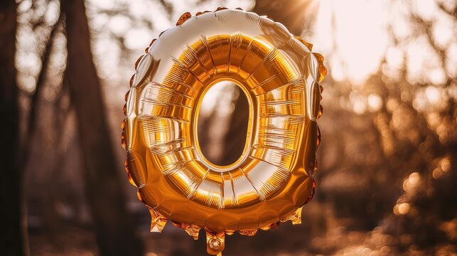 Close-up of a metallic gold letter balloon catching the sunlight, blurred background creating soft copy space.