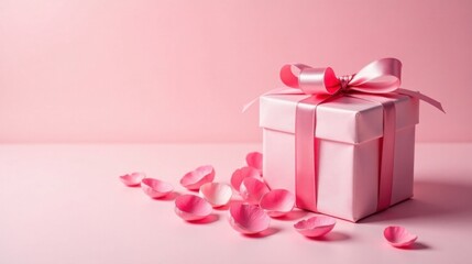 Wall Mural - A Delicate Pink Gift Box with a Satin Ribbon and Scattered Petals