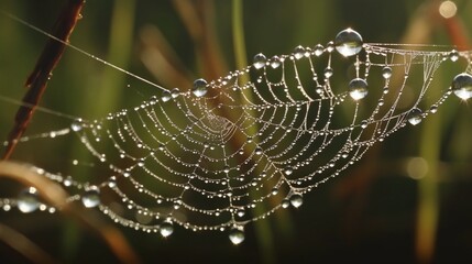 Close-up macro shot of morning dew drops on a spider web  