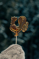 Lollipop cockerel in hand in a mitten on the background of the forest