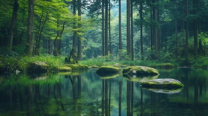 Poster - Tranquil Forest Reflection in a Peaceful Body of Water Surrounded by Trees : Generative AI