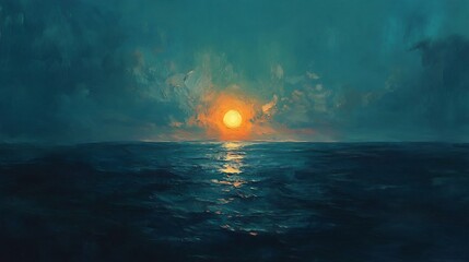 Wall Mural - Serene ocean sunset glows warmly through teal clouds. AI Generated