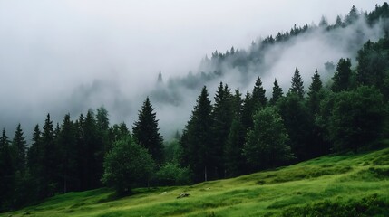 Aufkleber - Mystical Foggy Forest Landscape with Evergreen Trees and Lush Green Grass : Generative AI