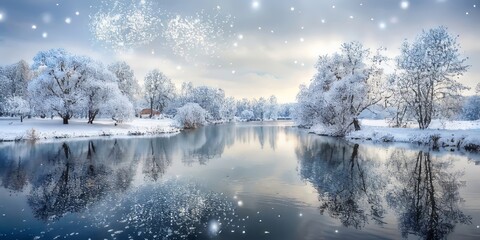 Wall Mural - Serene Winter Landscape with Snow-Covered Trees and Calm Water