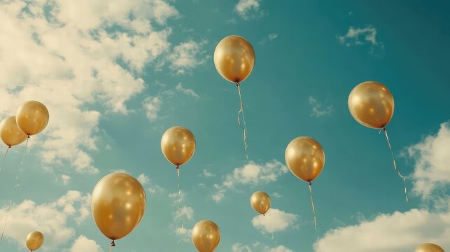 Gold letter balloons floating at different heights in the sky, scattered for a playful copy space.
