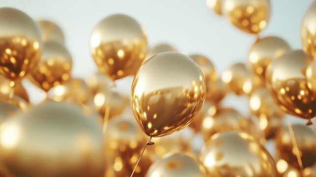 Gold letter balloons floating at different heights in the sky, scattered for a playful copy space.