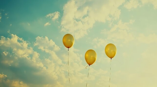 Gold letter balloons floating at different heights in the sky, scattered for a playful copy space.