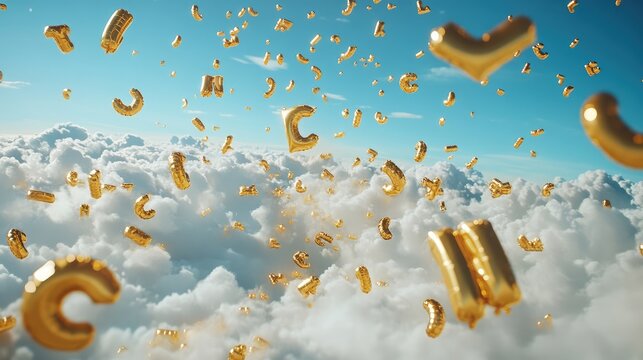 Gold letter balloons floating at different heights in the sky, scattered for a playful copy space.