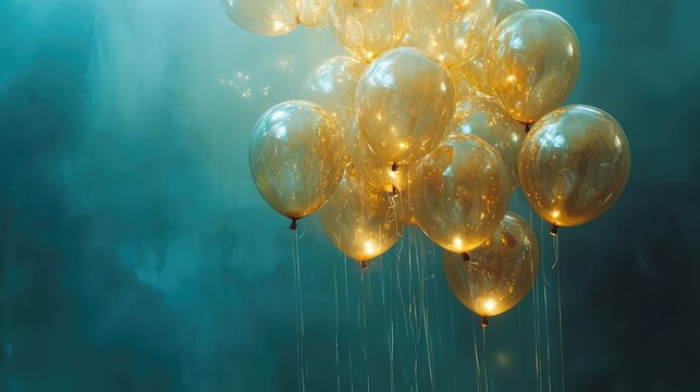 Gold letter balloons suspended mid-air in a futuristic environment, glowing ambient light adding depth to copy space.