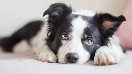 Poster - Adorable border collie dog portrait with expressive eyes resting on a soft surface in a cozy environment : Generative AI