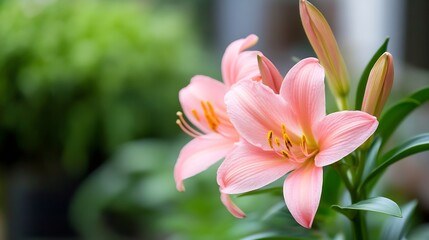 Poster - Gorgeous Pink Lilies in Bloom with Soft Focus Background and Natural Light for a Fresh Indoor Atmosphere : Generative AI