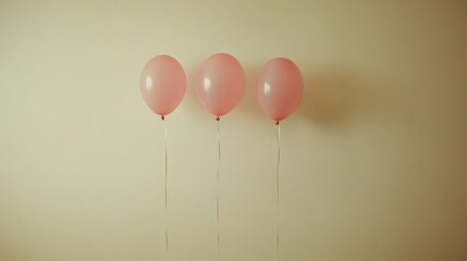 Poster - Letter balloons tied with thin strings, floating at various heights against a smooth beige wall, minimalist copy space.