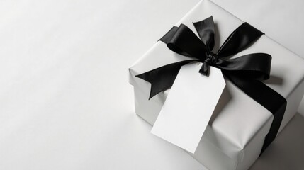 Poster - Elegant White Gift Box with a Black Satin Ribbon and Blank Tag