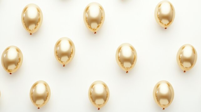 Single gold letter balloons scattered on a clean white background, minimalist composition with ample copy space.