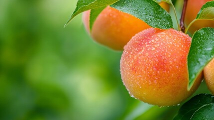 Poster - Close up of fresh ripe peaches with dewdrops on green leaves : Generative AI