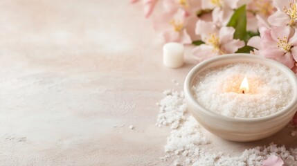 Aufkleber - Organic spa setup featuring fragrant sea salt and a candle surrounded by delicate pink flowers : Generative AI