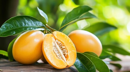 Aufkleber - Fresh Tropical Sapote Fruit Smiling on a Wooden Table Surrounded by Green Leaves : Generative AI