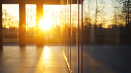 Poster - Sunset Reflection Behind Modern Glass Buildings Creating a Warm Atmosphere : Generative AI