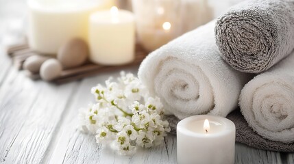 Poster - Spa Setting with Rolled Towels White Candles and Delicate Spring Flowers for Relaxation : Generative AI
