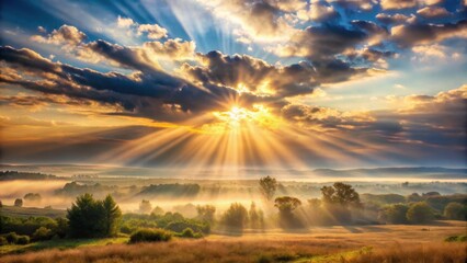 Wall Mural - Soft warm sunlight breaks through thin wispy clouds, casting a long gentle beam of light on the landscape , soft illumination, natural scenery