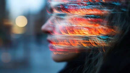 Aufkleber - Abstract portrait blending lights and colors with a dreamy aesthetic showcasing a blurred facial profile : Generative AI