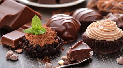 Poster - Delicious assorted chocolate desserts arranged artistically on a wooden table with mint sprig on top : Generative AI