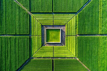 Poster - Abstract Green Square Aerial Drone Shot: Geometric Lines & Dots Design