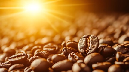 Poster - Golden sunlight illuminating freshly roasted coffee beans spread across a rustic wooden table : Generative AI
