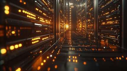 Server room corridor, glowing lights, data center, digital infrastructure
