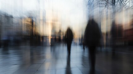 Poster - Artistic Blur of People Walking in Urban Area with Golden Twilight Glow : Generative AI