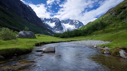 Poster - Breathtaking Scenic View of a Mountain Stream Surrounded by Lush Greenery : Generative AI