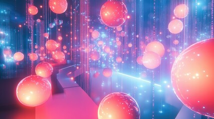 Poster - Vibrant Abstract Scene with Floating Spheres and Colorful Lights
