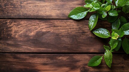 Poster - Lush Green Leaves on Wooden Background Creating an Organic and Natural Atmosphere : Generative AI