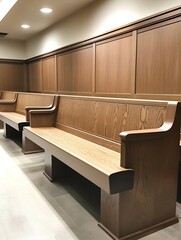 Aufkleber - Empty wooden benches in a modern hallway creating a sense of calm and simplicity : Generative AI