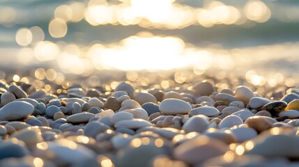 Poster - Serene Close Up of Small Smooth Pebbles on a Beach with Gentle Waves and Beautiful Sunlight Reflection : Generative AI