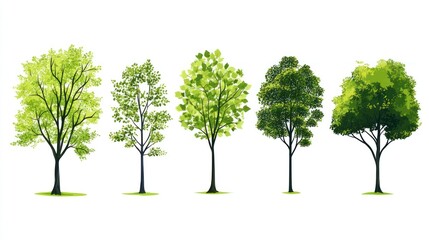 Five lush green trees, isolated on white, for landscape design