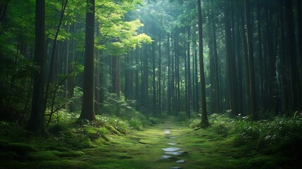 Poster - Serene Dense Forest Pathway Surrounded by Lush Green Trees and a Calm Atmosphere Inviting Nature Walks : Generative AI