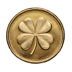 Wall Mural - A gold coin with a clover stamped on it, isolated on a transparent background. St. Patrick's Day concept.