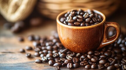 Poster - Freshly Roasted Coffee Beans in Brown Cup on a Rustic Wooden Table : Generative AI