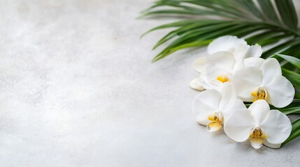 Wall Mural - Elegant White Orchids with Green Leaves on Soft Background for Serenity and Nature Themes : Generative AI