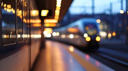Aufkleber - Motion blur of a train arriving at a station during dusk with warm lights : Generative AI